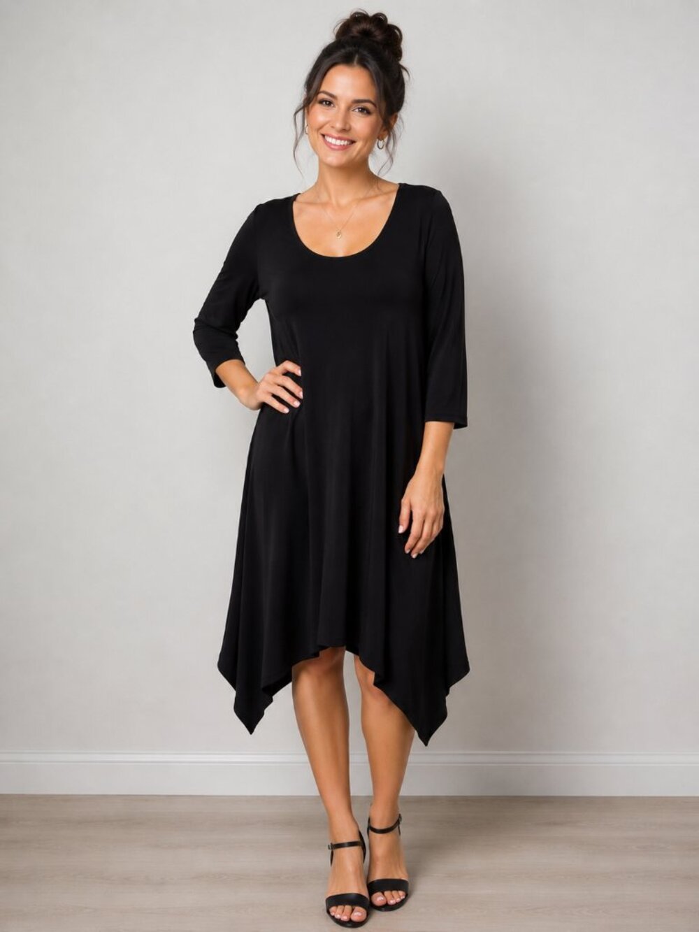 Clara Sun Woo Solid Black Liquid Knit Handkerchief Dress, Size Small